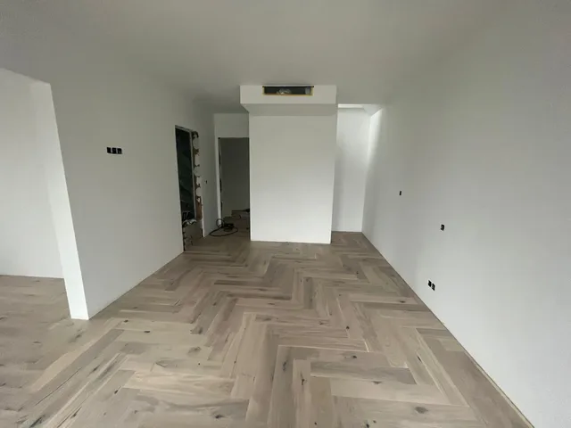 Light room with herringbone-pattern flooring
