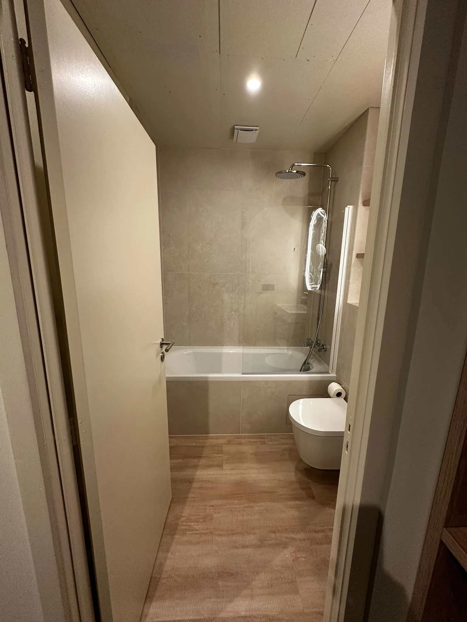 Bathroom with a wall-hung toilet and wood-look flooring