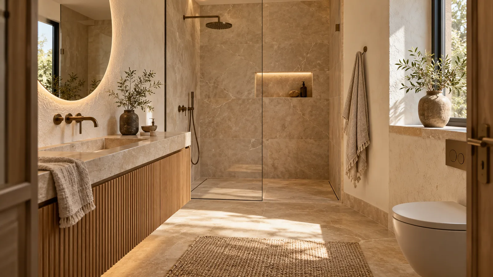 View of a bathroom with pale stone and oak joinery