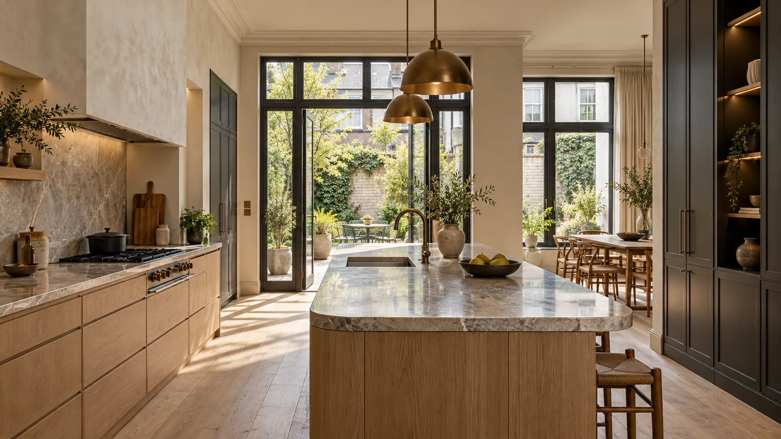 View of a kitchen with a stone island and oak cabinets