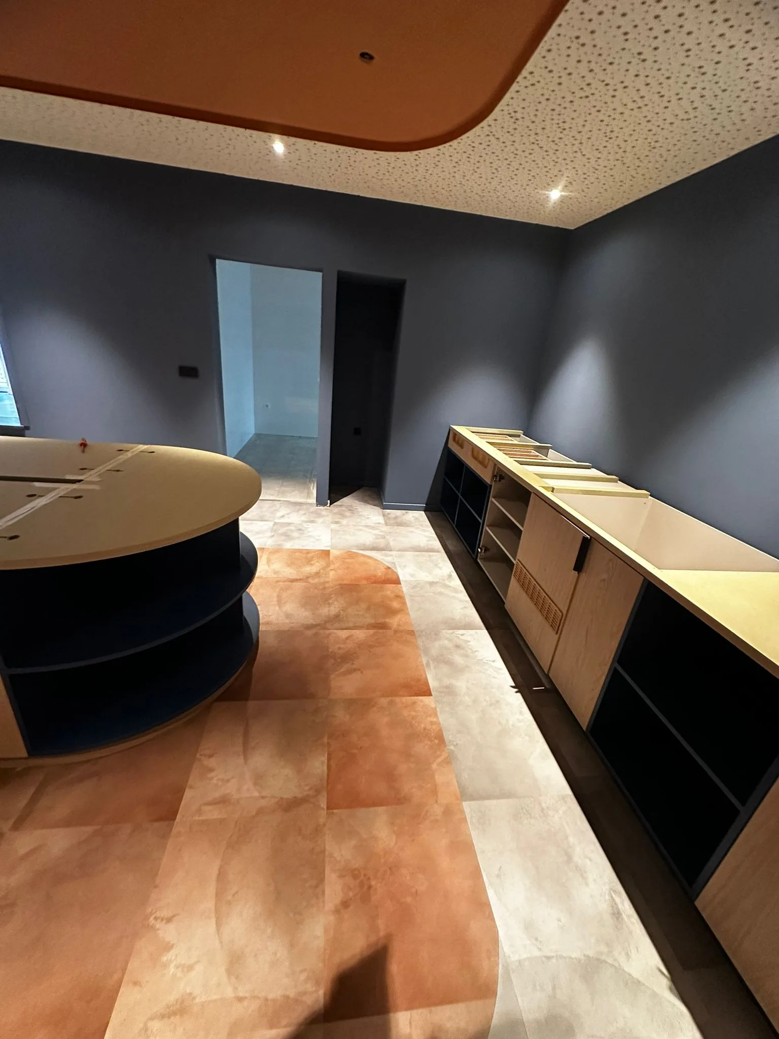 Hotel interior with blue and terracotta accents