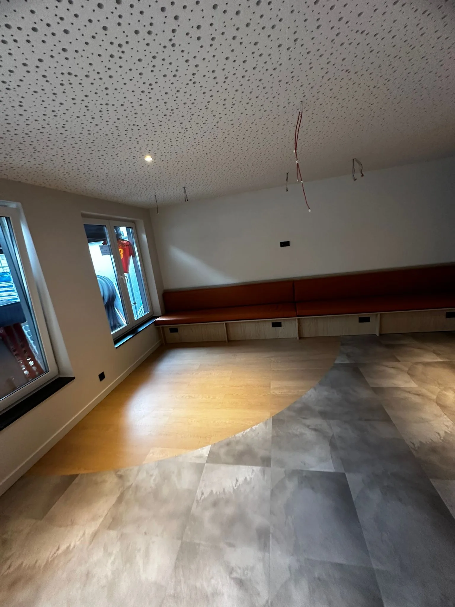 Hotel interior with blue and terracotta accents