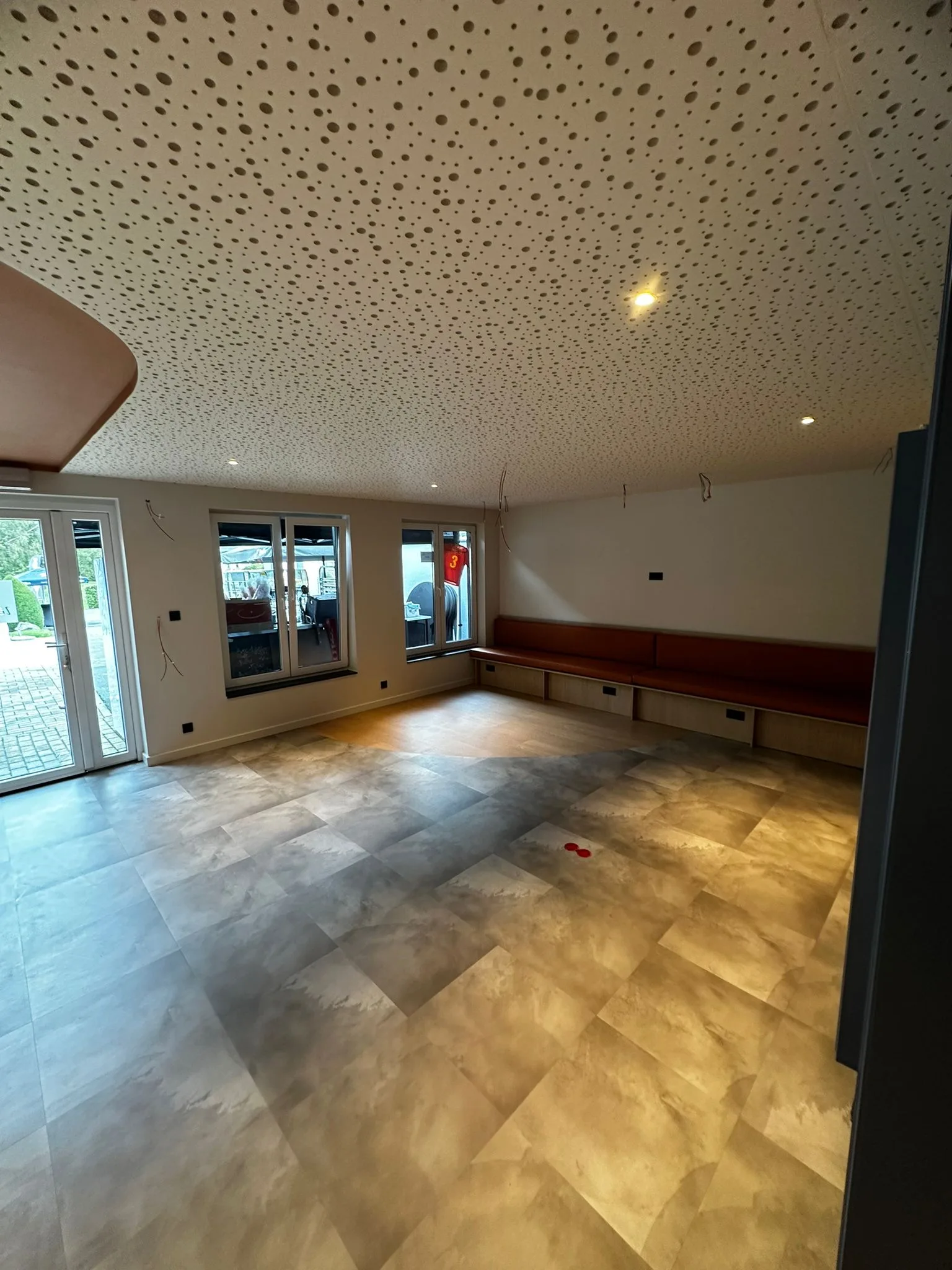 Hotel interior with blue and terracotta accents