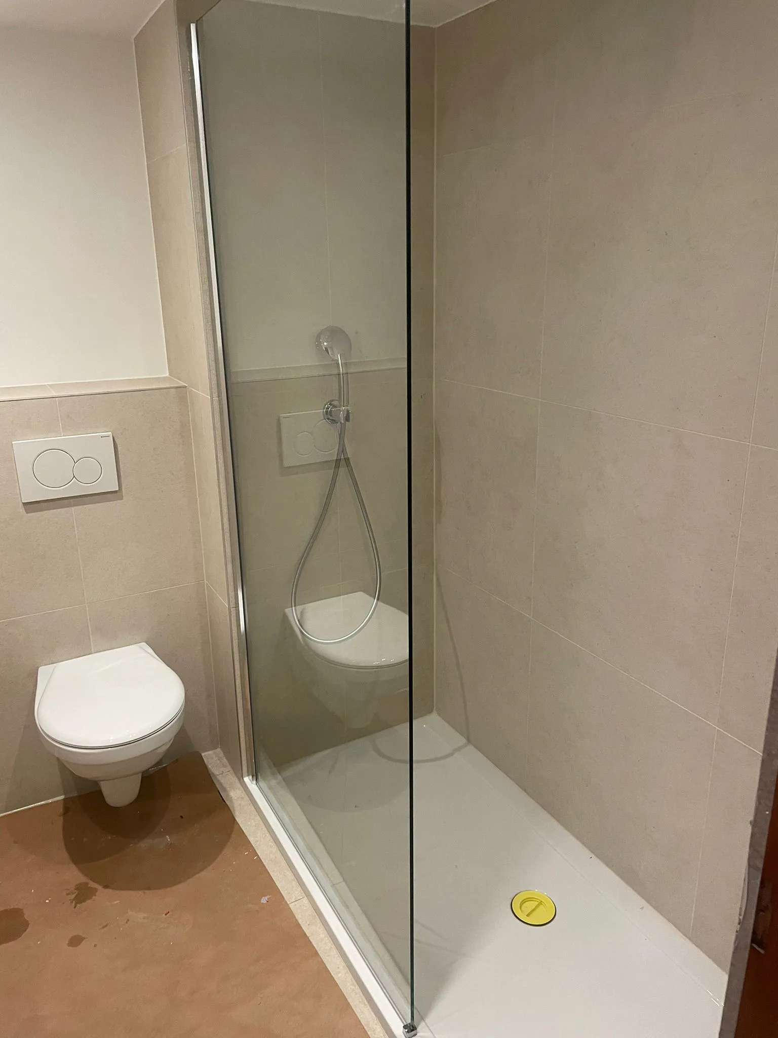 Glazed shower and wall-hung toilet