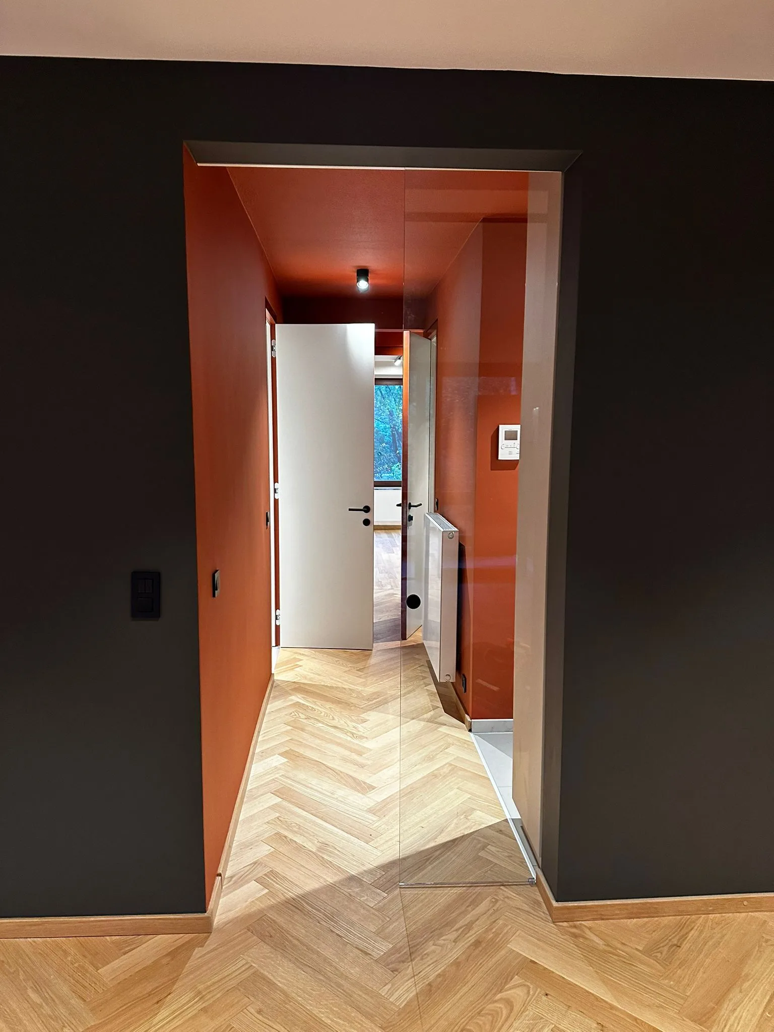 Passage and interior room with coordinated finishes