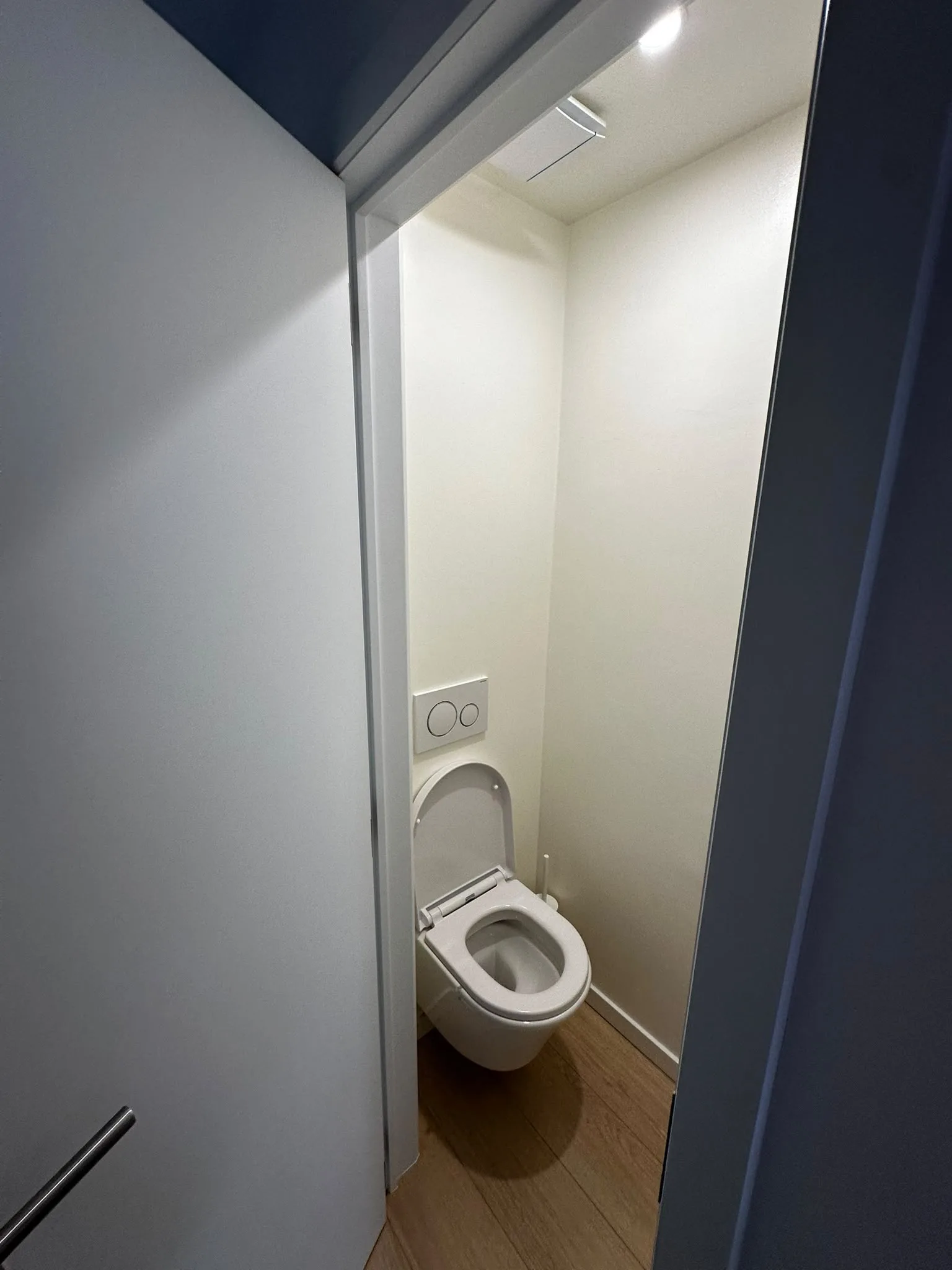 WC séparé avec cuvette suspendue et éclairage encastré